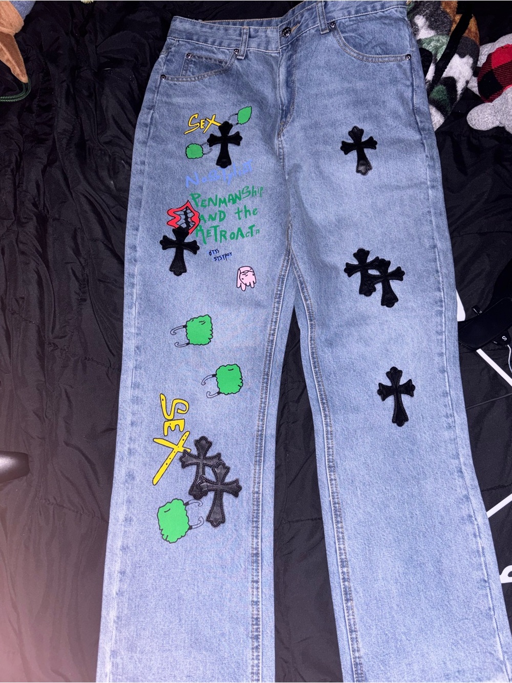 Light Blue Straight-Leg Women’s Jeans with Black Cross Appliqués